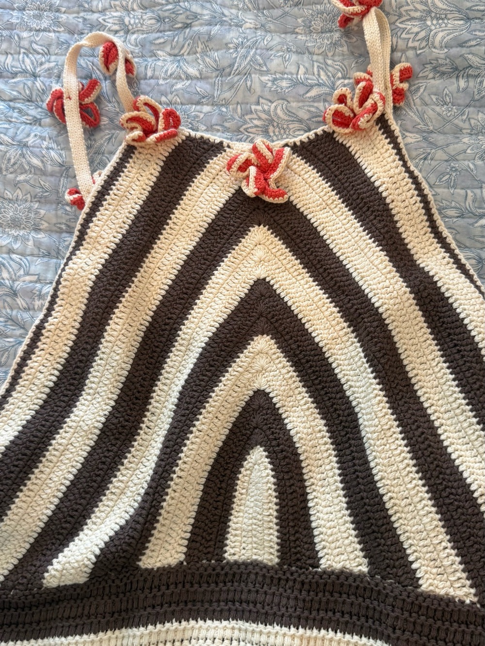 Anthropologie Cream and Brown Crocheted Mini Dress with Coral Accents